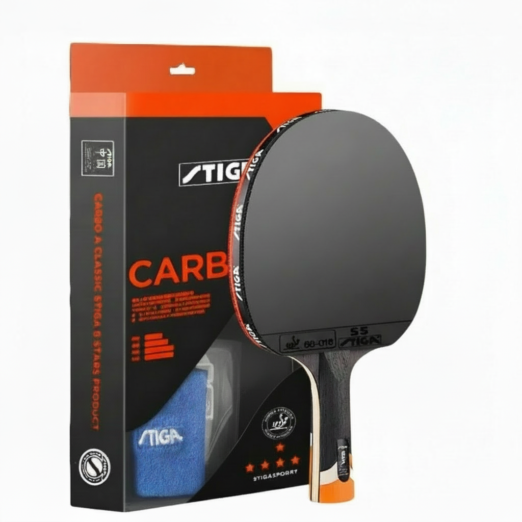 Stiga Carbo table tennis bat with flared handle displayed next to product packaging box