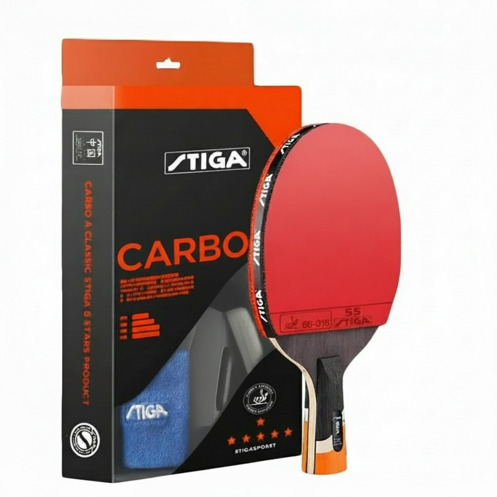 Stiga Carbo table tennis bat with penhold handle displayed next to product packaging box