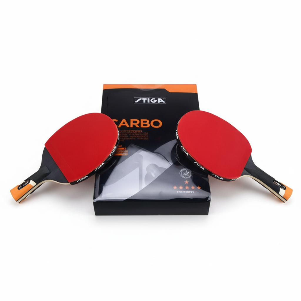 Stiga Carbo table tennis bats with red rubber and packaging box displayed for product page