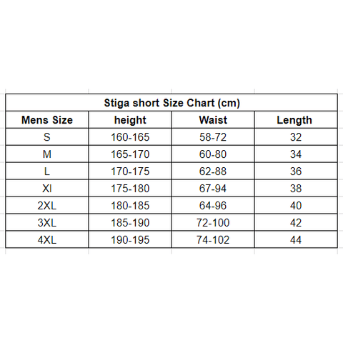 STIGA table tennis shorts size chart