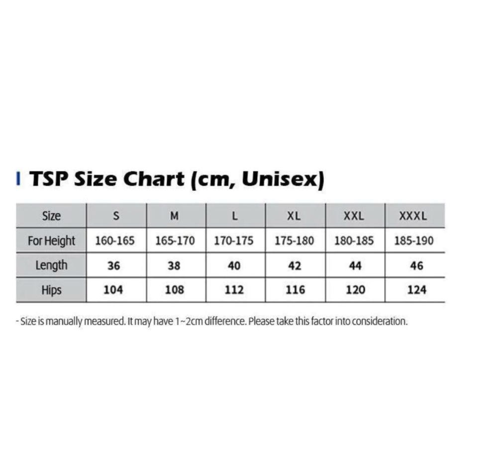 TSP table tennis shorts size chart